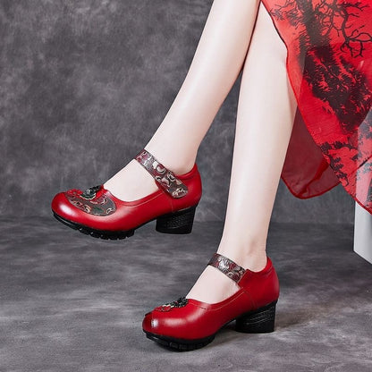 Zapatos casuales de cuero retro con tacón grueso