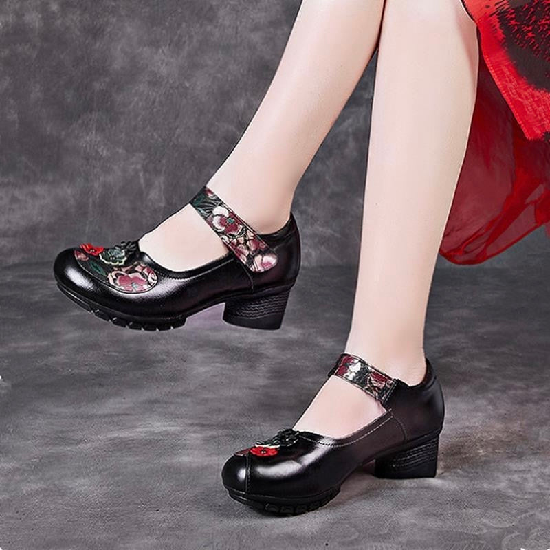 Zapatos casuales de cuero retro con tacón grueso