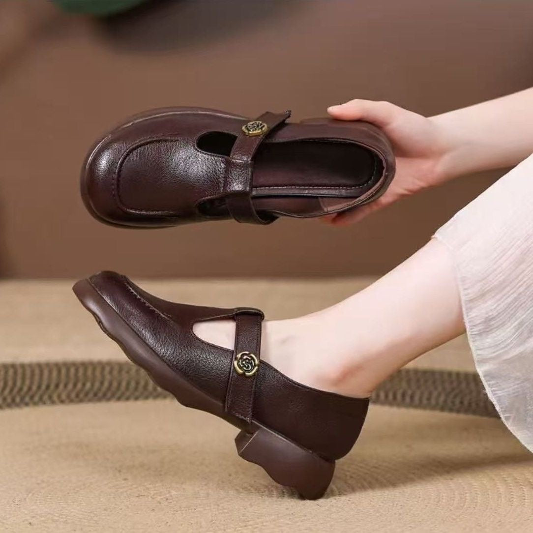 Zapatos planos de piel para mujer con punta redonda