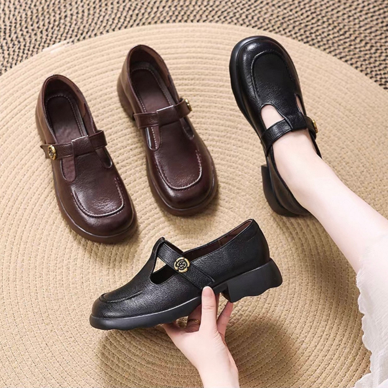 Zapatos planos de piel para mujer con punta redonda